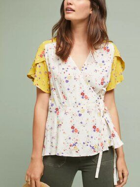 Meadow Rue by Anthropologie Bon Voyage Floral Wrap Blouse Gold Ivory sz 6 Pretty